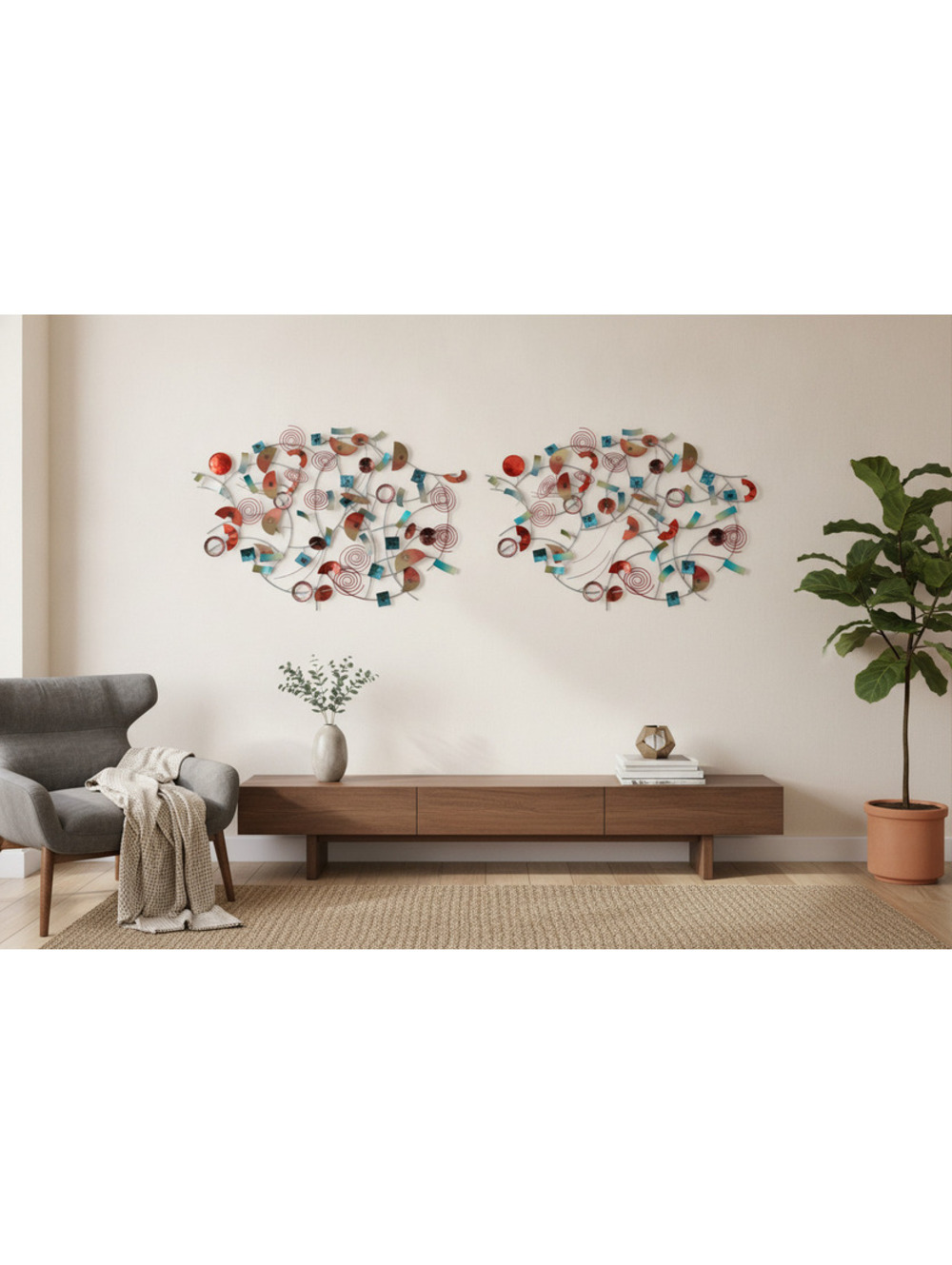 Vintage Mid-Century Modern Abstract Metal Wall Art Sculpture Pair 26x44